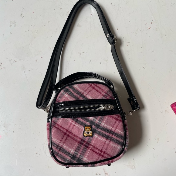Teddy Fresh Handbags - Plaid Pink Crossbody Bag with Bear Patch